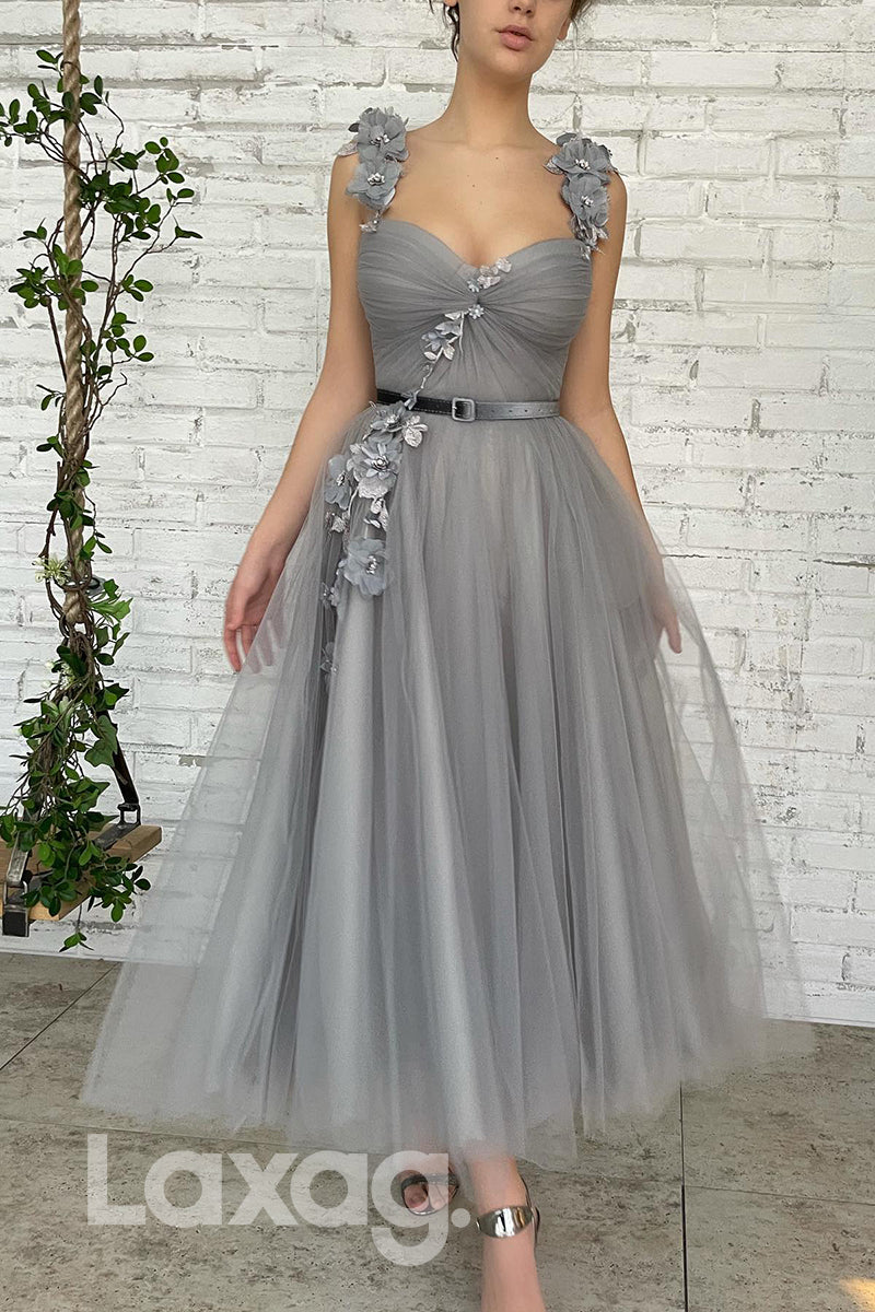 19760 - A-line Sweetheart 3D Appliques Grey Tulle Prom Dress