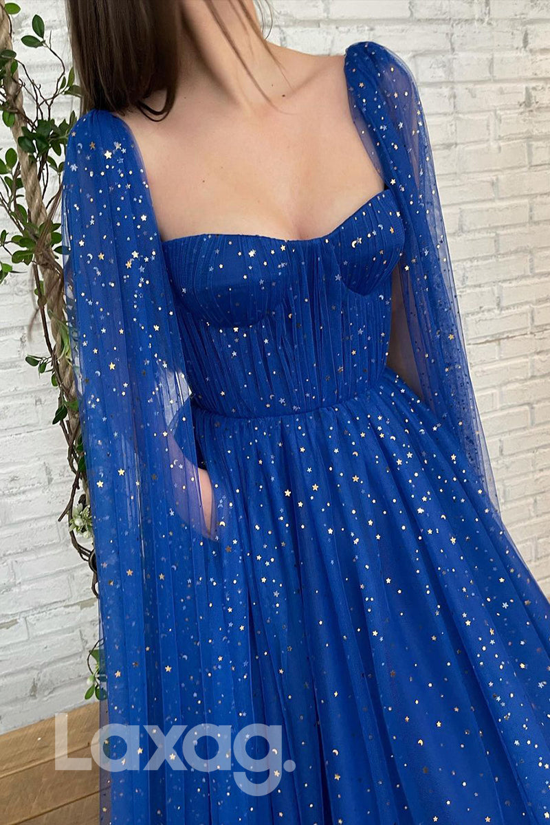 16700 -Strapless Bling Star Blue Formal Dress With Cape