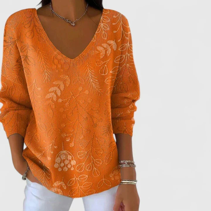 Botanical Print V-Neck Long Sleeve Knit Top