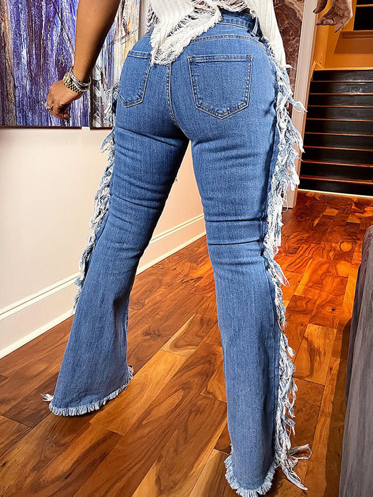 High Waist Lace Up Side Cut Out Frayed Flare Jeans 7