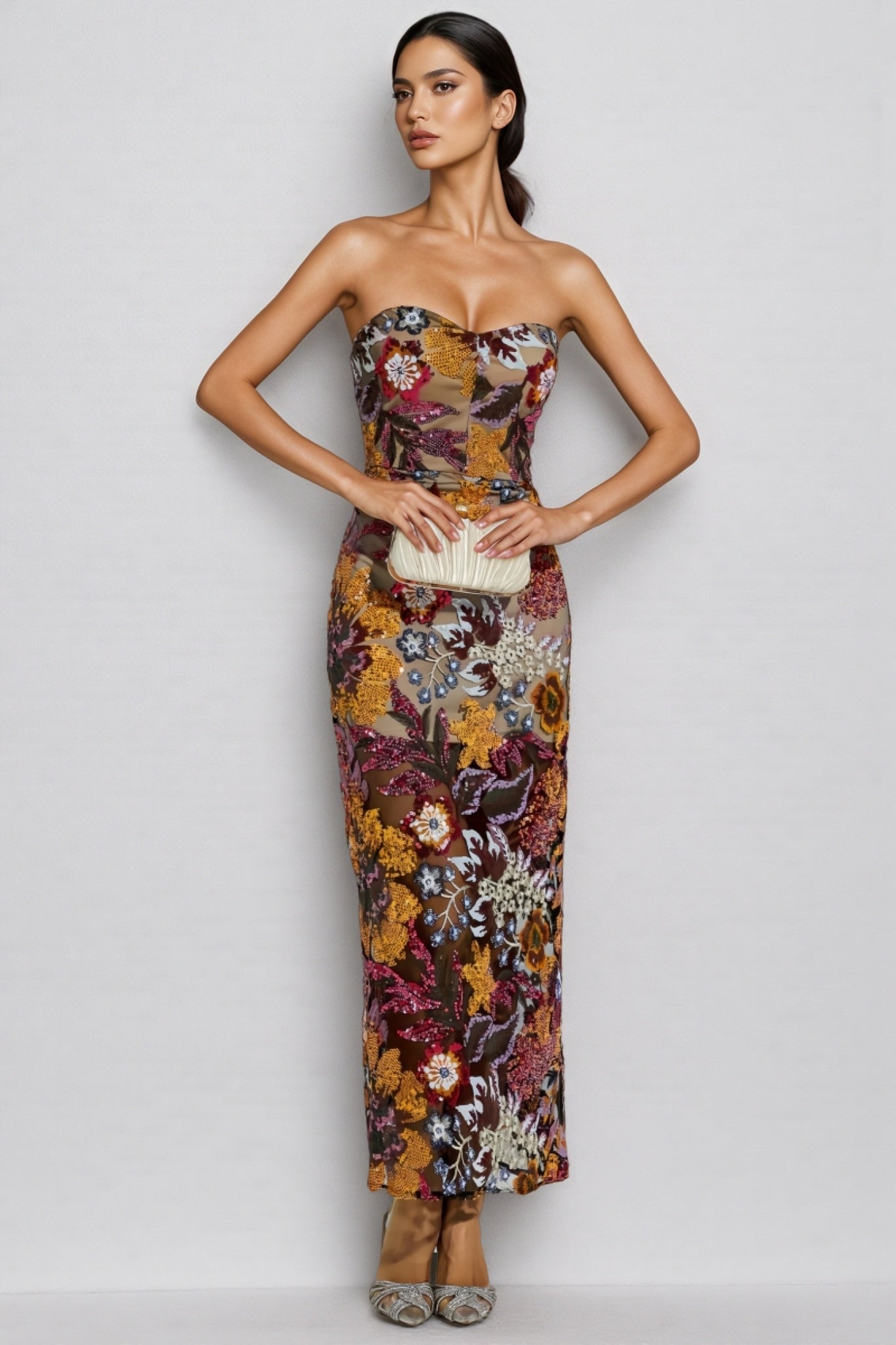 Floral Sequin Strapless Sweetheart Sheer Bodycon Maxi Dress