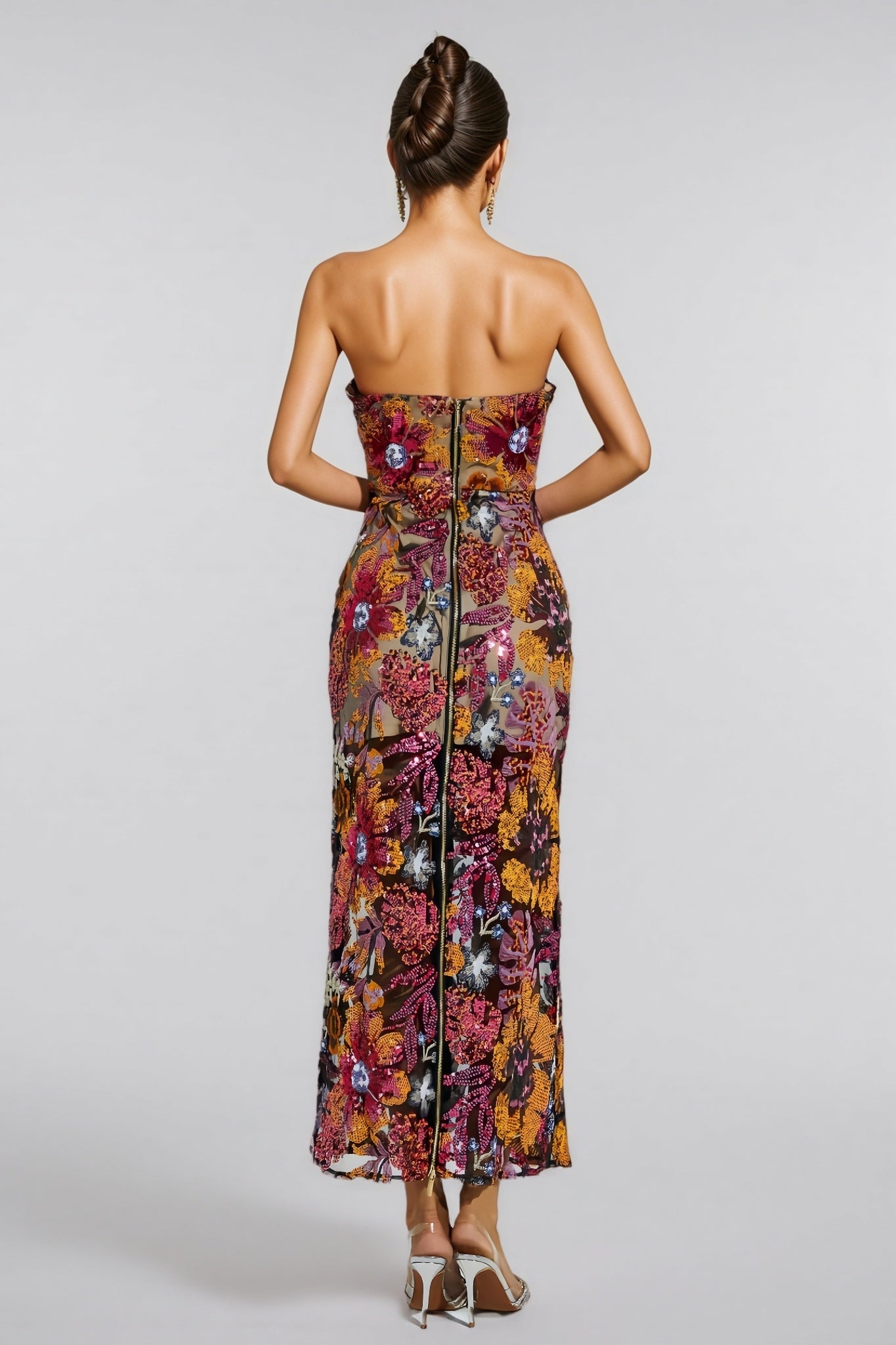 Floral Sequin Strapless Sweetheart Sheer Bodycon Maxi Dress