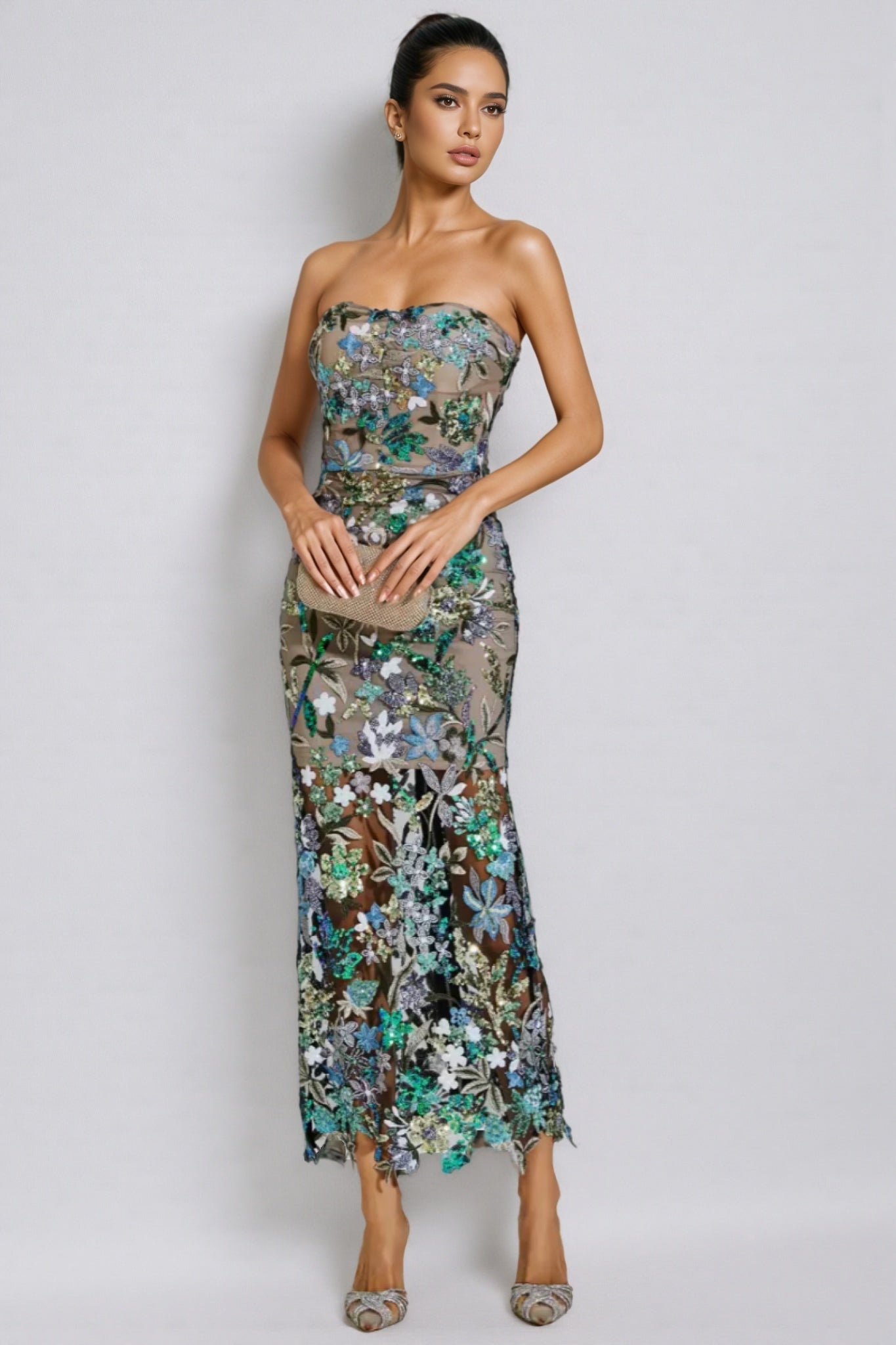 Floral Sequin Strapless Sheer Mesh Bodycon Maxi Dress
