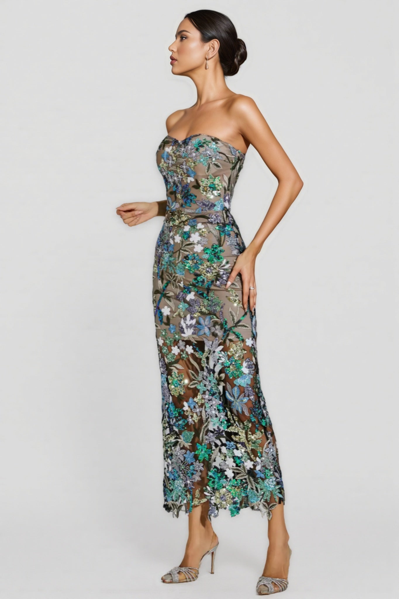 Floral Sequin Strapless Sheer Mesh Bodycon Maxi Dress