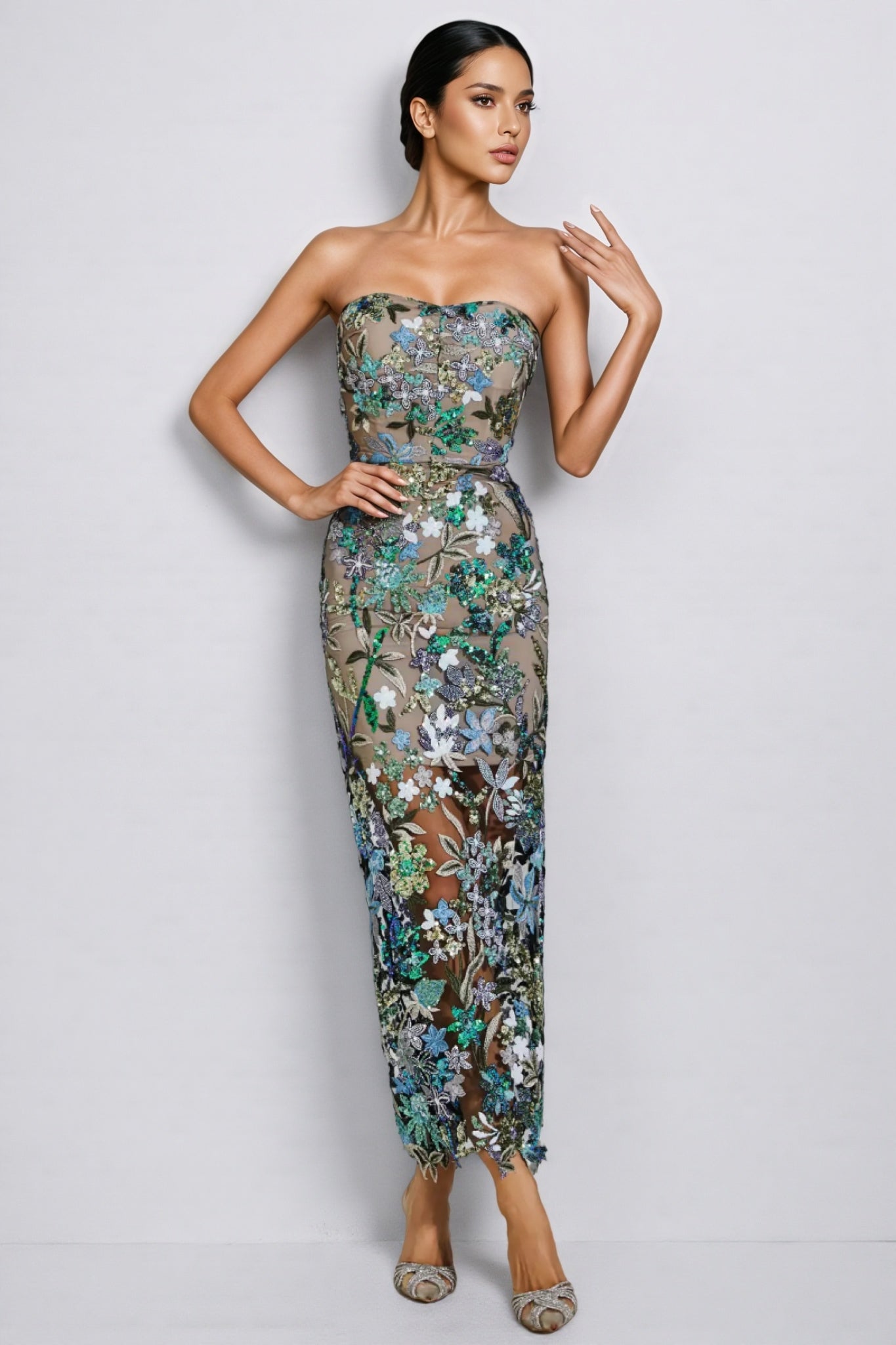 Floral Sequin Strapless Sheer Mesh Bodycon Maxi Dress