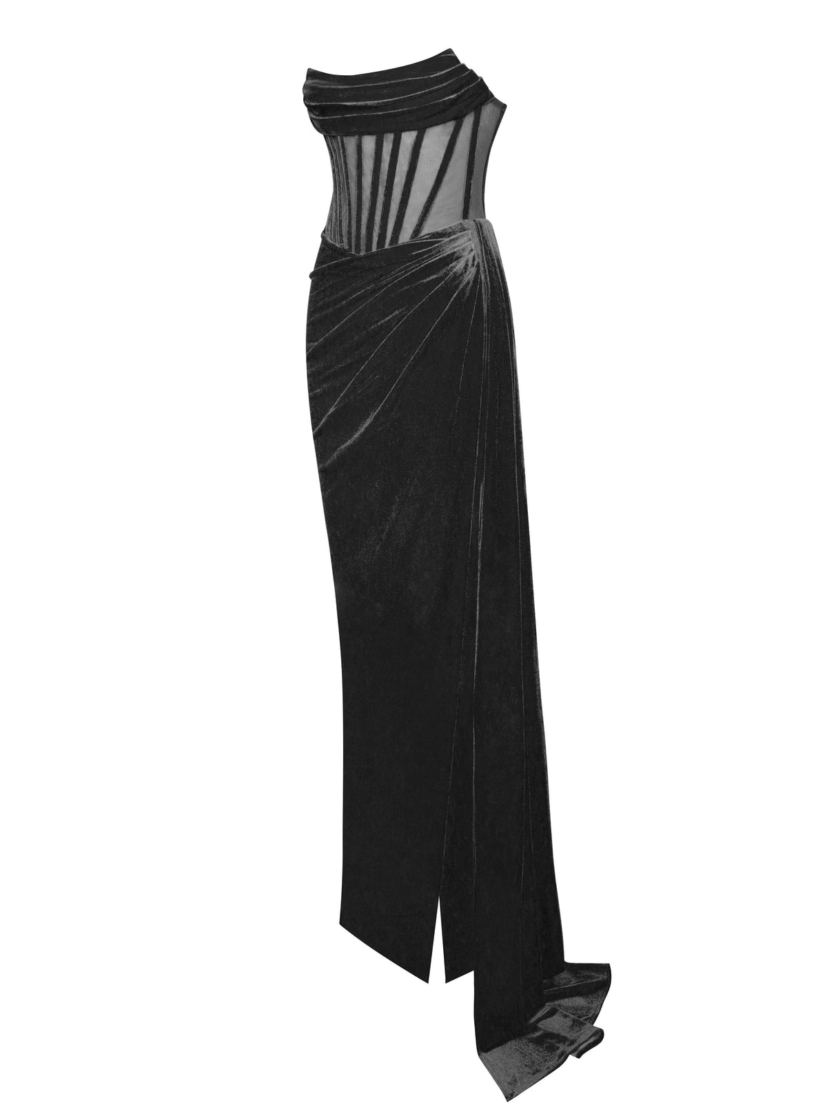 Strapless Velvet Sheer Corset High Split Maxi Dress 7