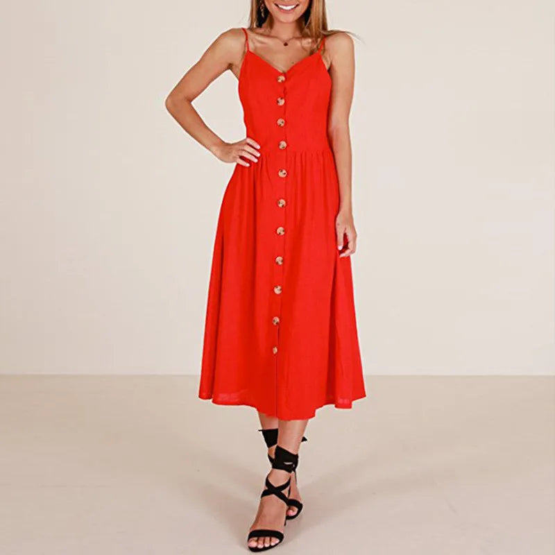 Suspender Button Backless VNeck Midi Dress