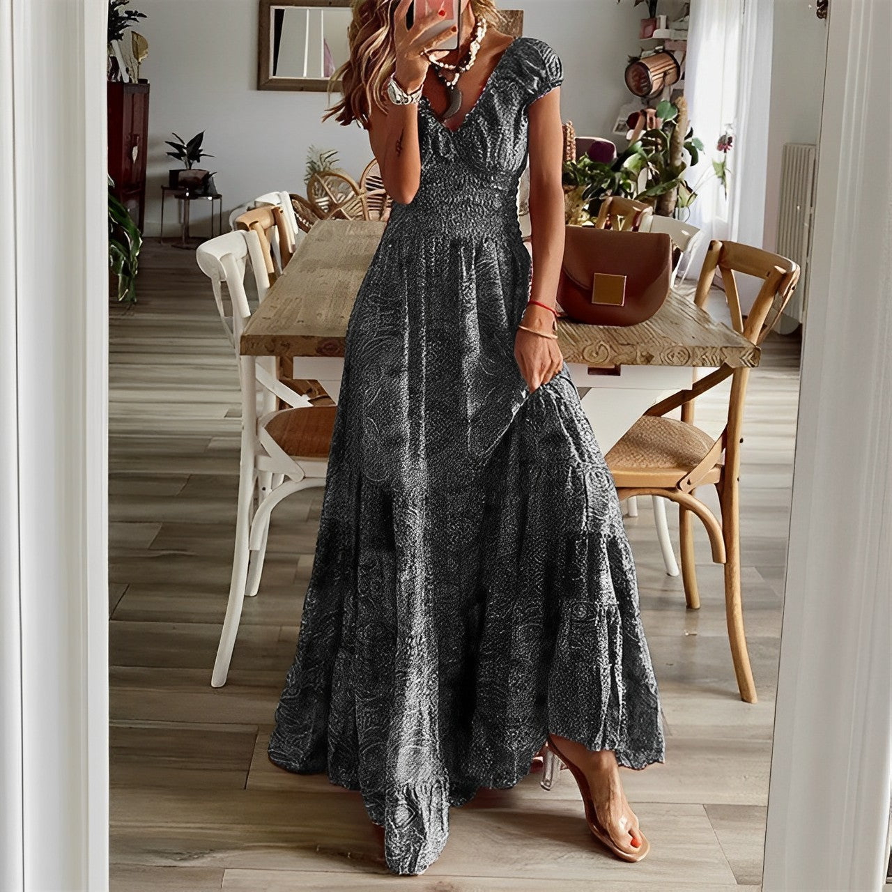 Paisley Print Deep V-Neck Cap Sleeve Smocked Bodice Tiered Maxi Summer Dress