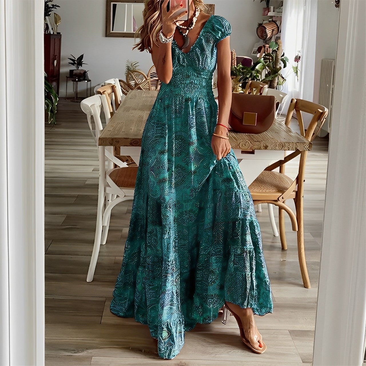 Paisley Print Deep V-Neck Cap Sleeve Smocked Bodice Tiered Maxi Summer Dress