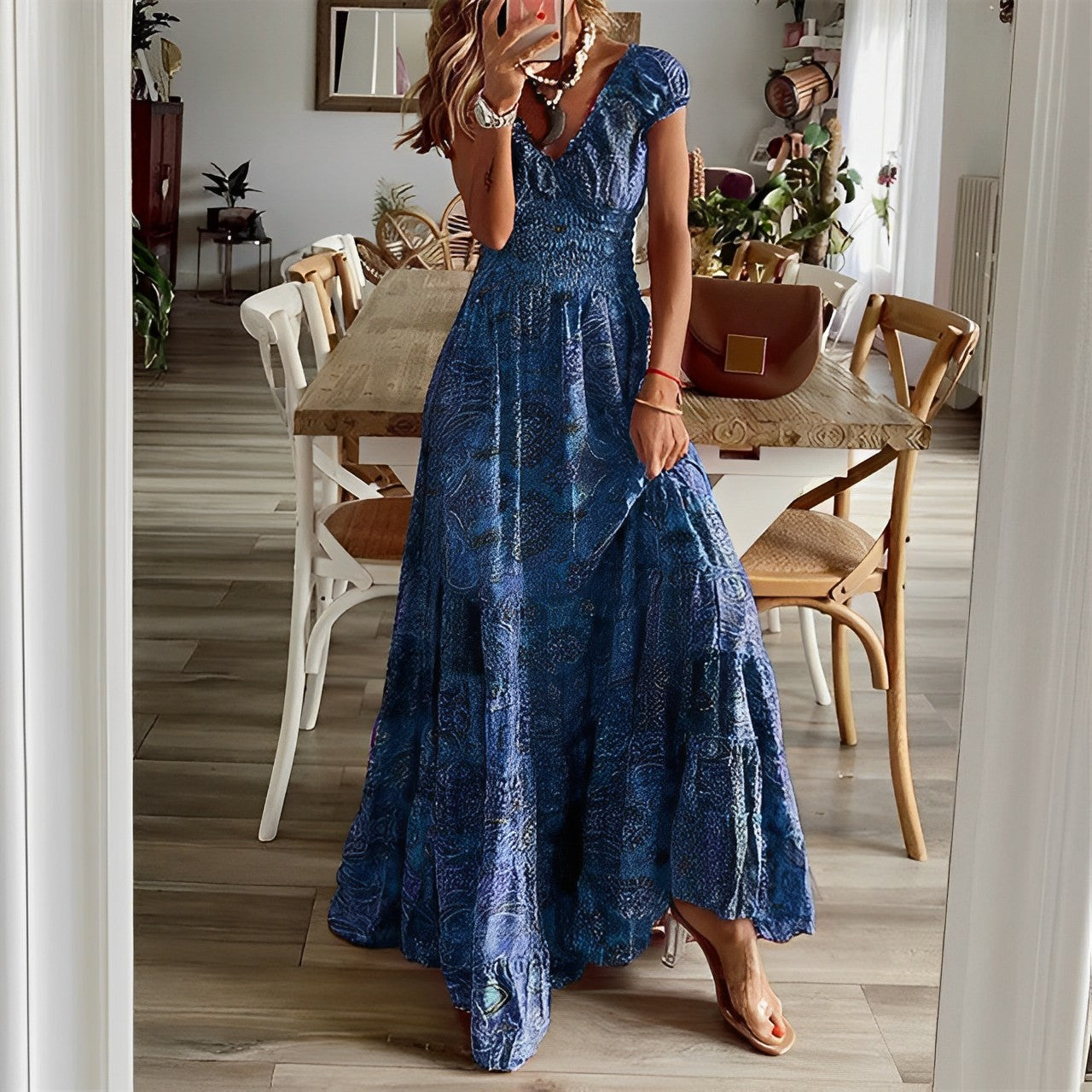 Paisley Print Deep V-Neck Cap Sleeve Smocked Bodice Tiered Maxi Summer Dress