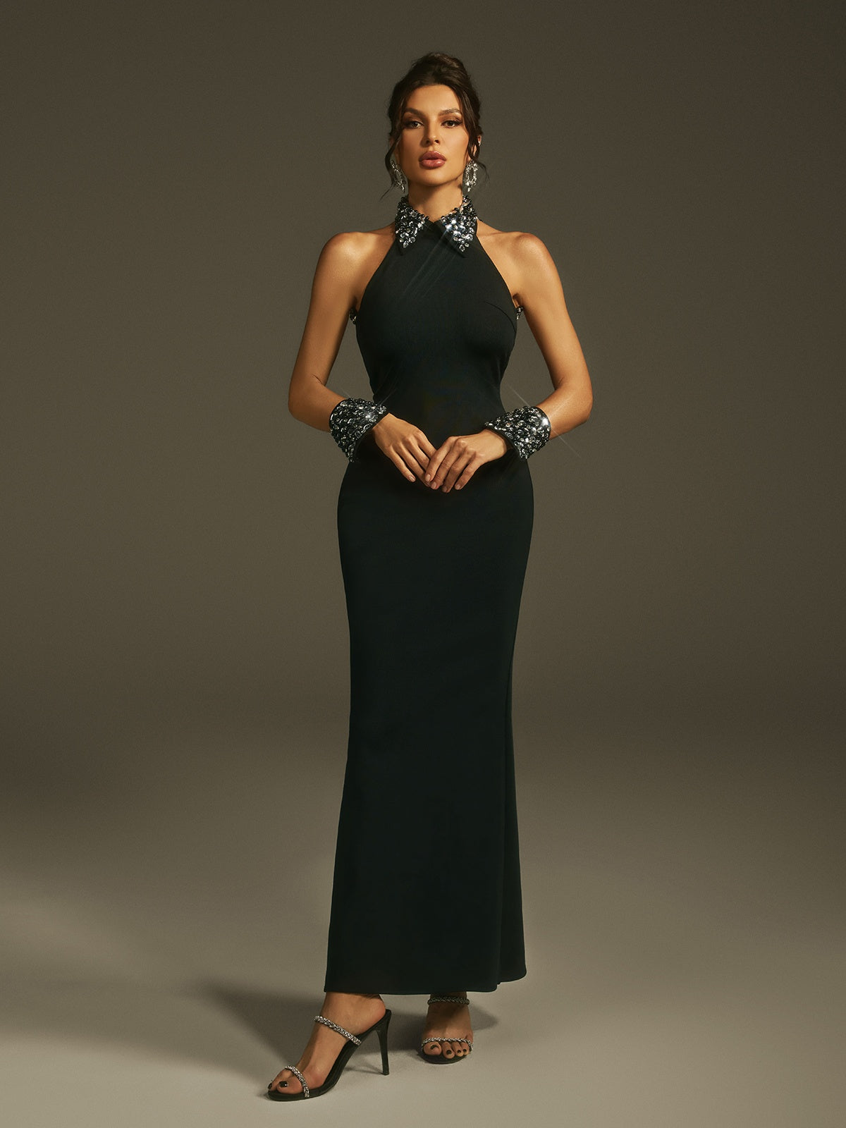 Crystal Collar Halter Neck Mermaid Open Back Maxi Gown