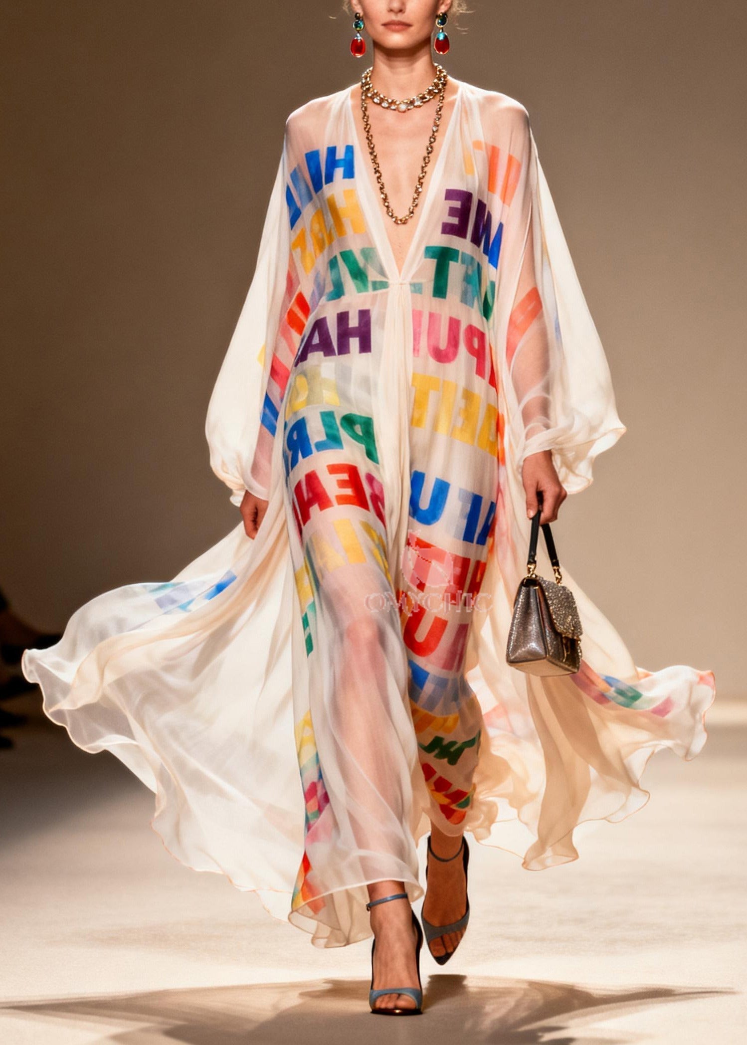 Chiffon Deep V-Neck Letter Print Sheer Balloon Sleeve Maxi Gown