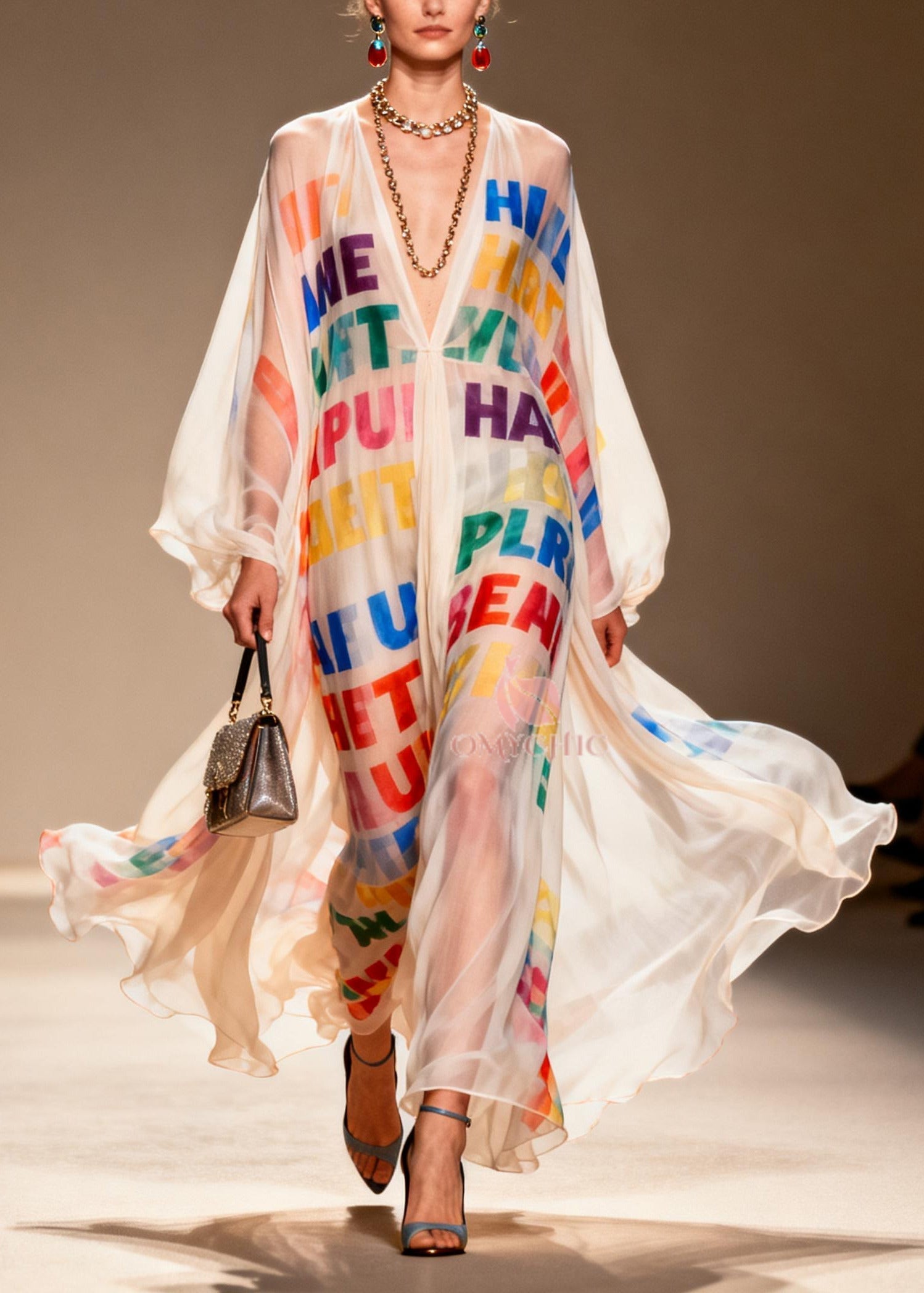Chiffon Deep V-Neck Letter Print Sheer Balloon Sleeve Maxi Gown