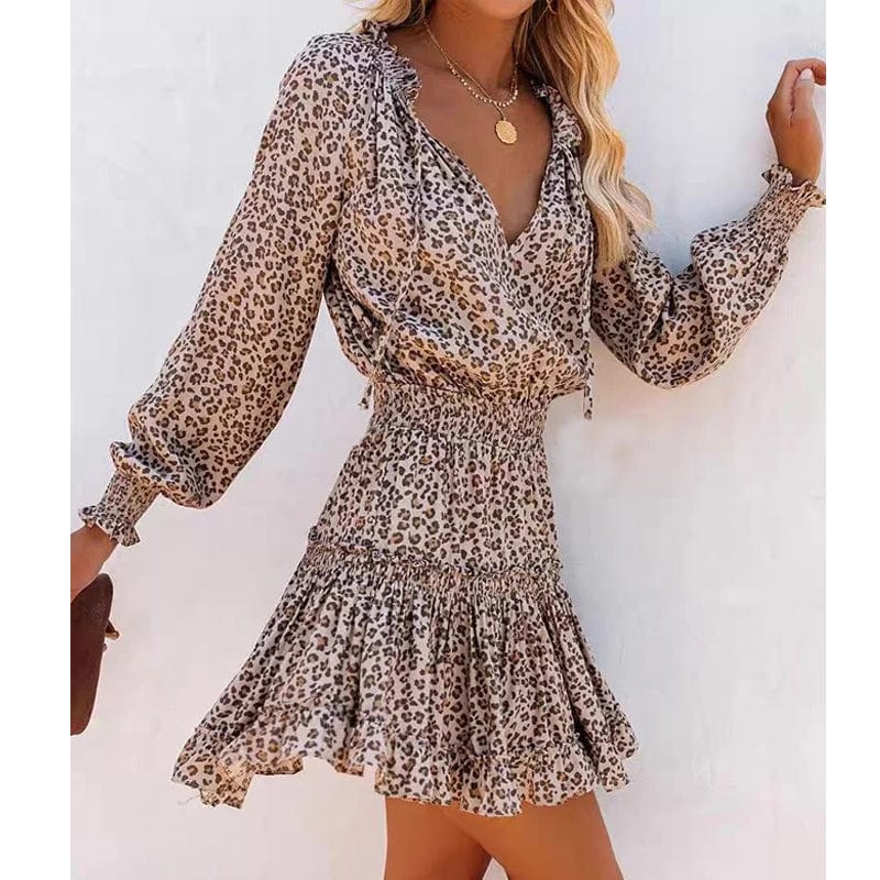 Leopard Deep V-Neck Long Sleeve Smocked Tiered Mini Dress 3