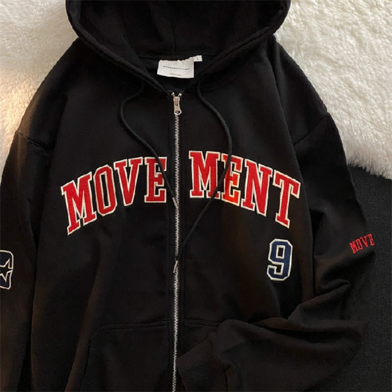 Gothic Letter Embroidered Zip Up Drawstring Hoodie 18