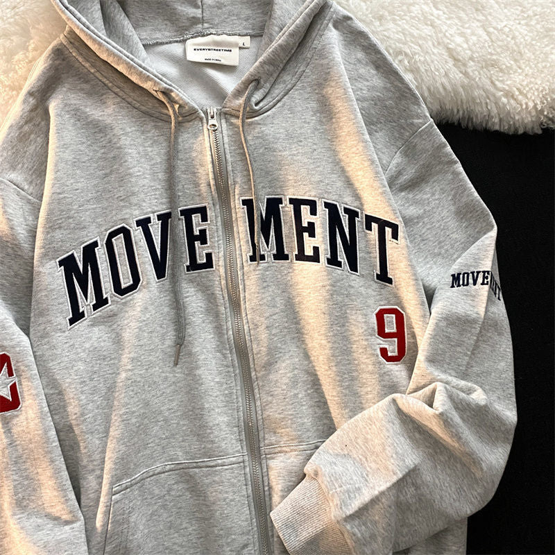 Letter Embroidery Vintage Loose Zipper Hoodies Grey / S Sweatshirts & Hoodies-L
