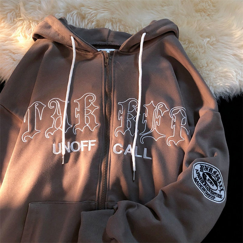 Letter Embroidery Vintage Loose Zipper Hoodies