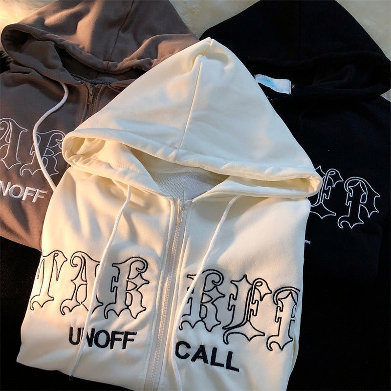 Letter Embroidery Vintage Loose Zipper Hoodies