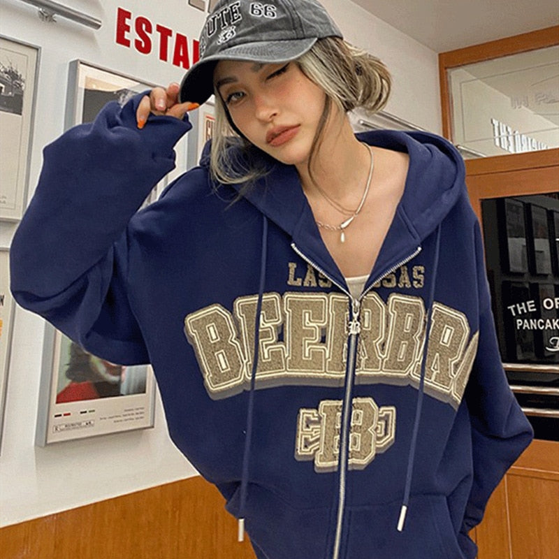 Gothic Letter Embroidered Zip Up Drawstring Hoodie 15