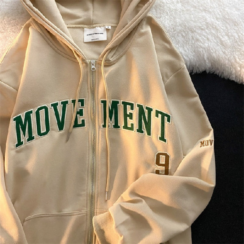 Letter Embroidery Vintage Loose Zipper Hoodies