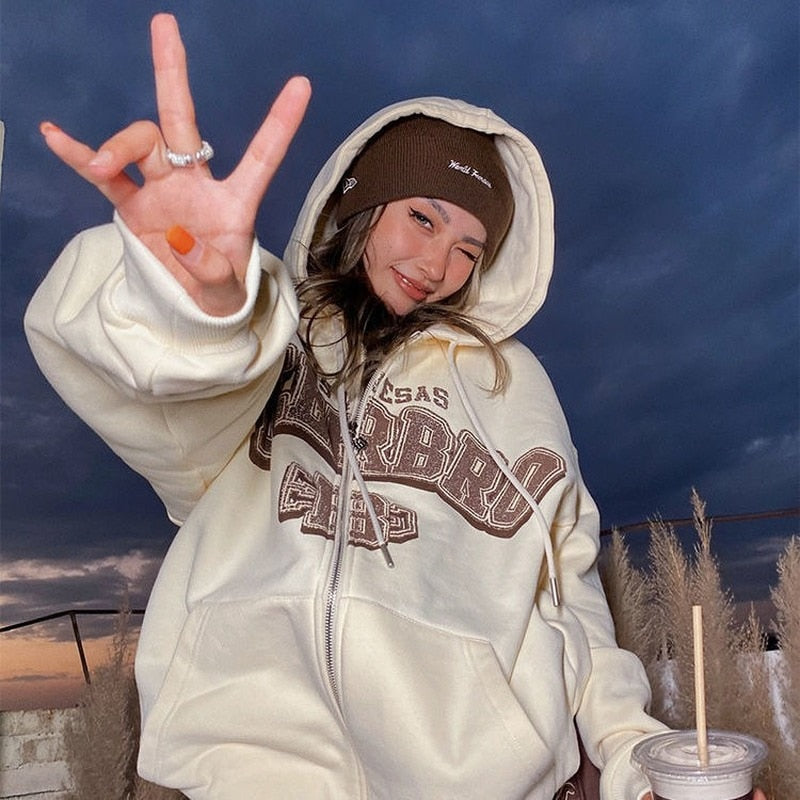 Letter Embroidery Vintage Loose Zipper Hoodies