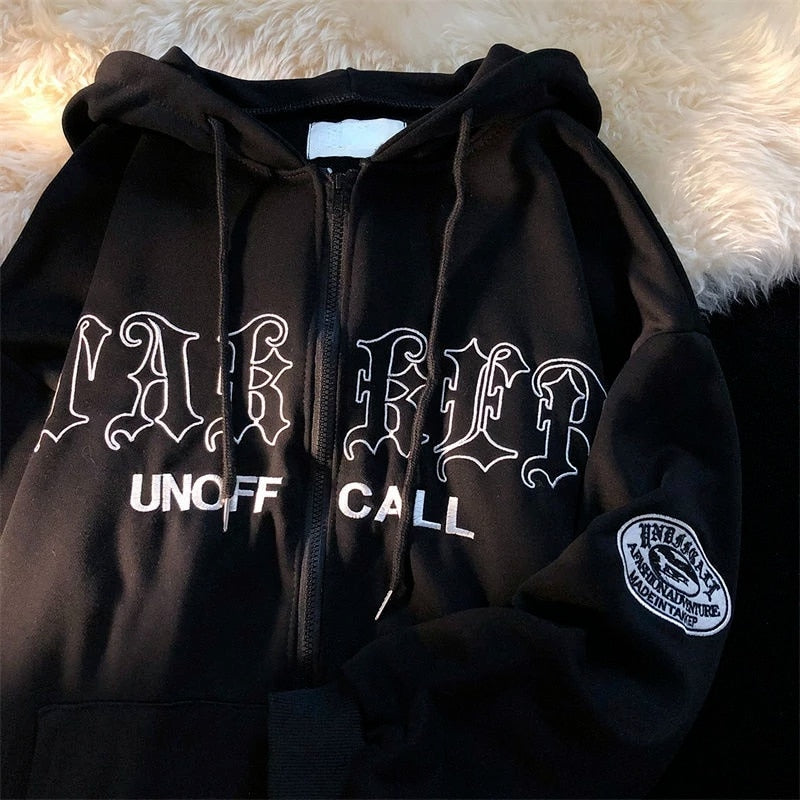 Gothic Letter Embroidered Zip Up Drawstring Hoodie 8