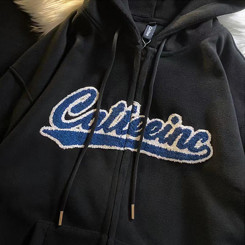 Gothic Letter Embroidered Zip Up Drawstring Hoodie 11