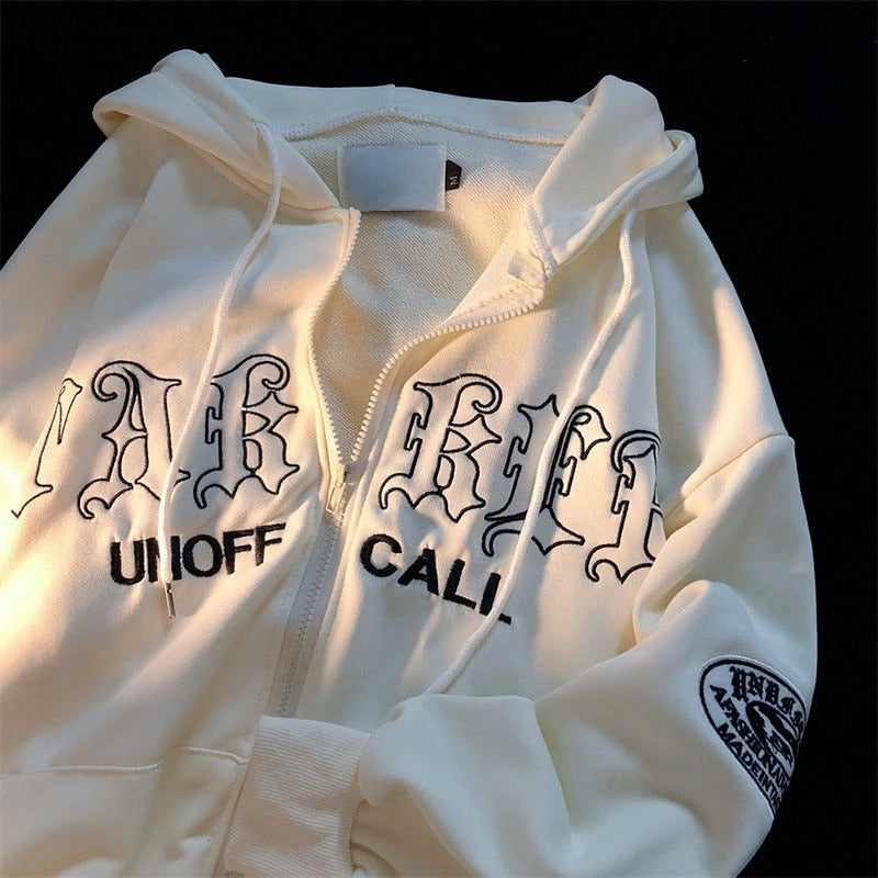 Gothic Letter Embroidered Zip Up Drawstring Hoodie 7