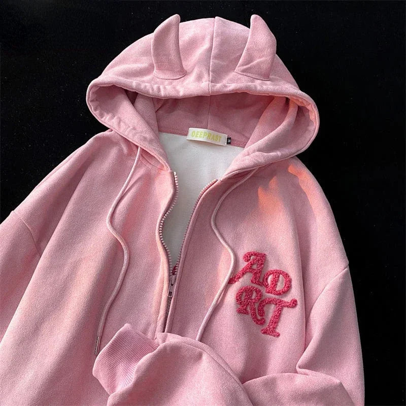 Letter Print Vintage Zipper Hoodie pink / M