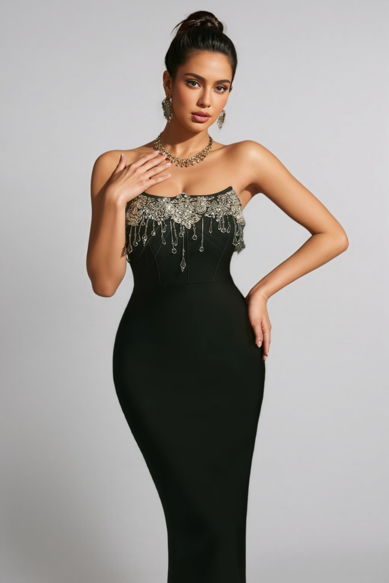 Strapless Crystal Beaded Fringe Bandage Mermaid Gown
