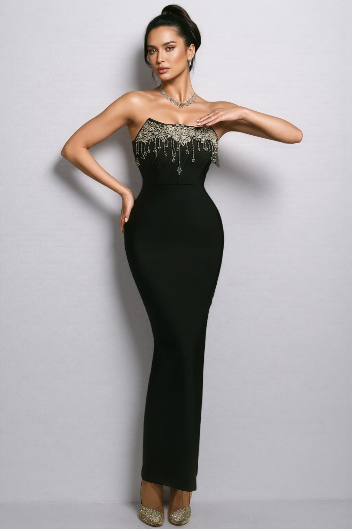 Strapless Crystal Beaded Fringe Bandage Mermaid Gown