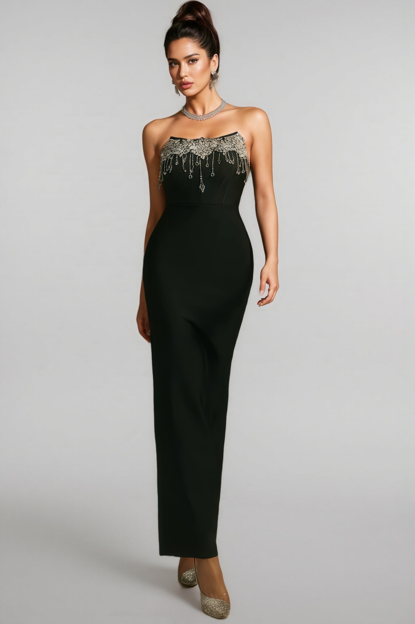 Strapless Crystal Beaded Fringe Bandage Mermaid Gown