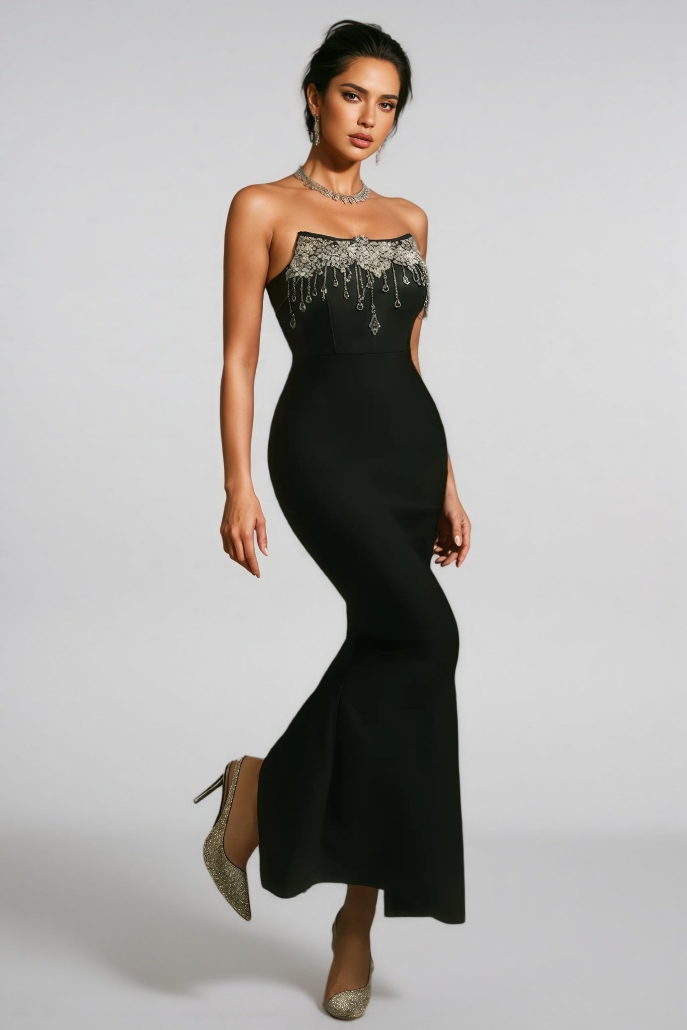Strapless Crystal Beaded Fringe Bandage Mermaid Gown