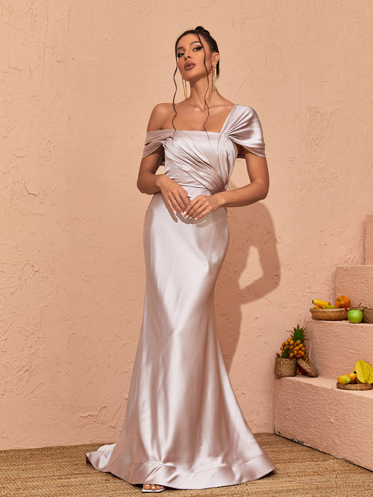 Satin Off Shoulder Ruched Bodice Mermaid Maxi Gown with Train