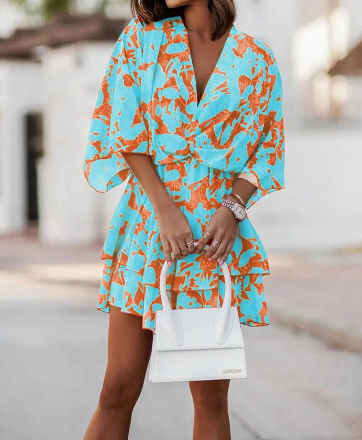 Floral Print V-Neck Kimono Sleeve Twist Front Tiered Mini Dress