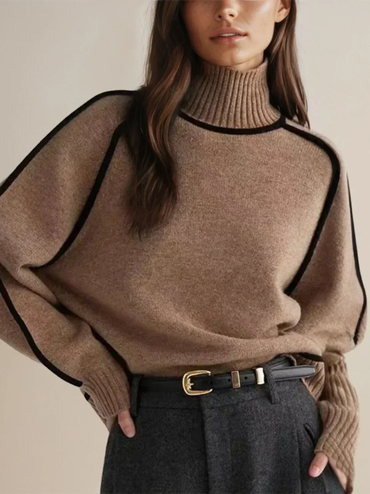 Turtleneck Contrast Piping Knit Sweater