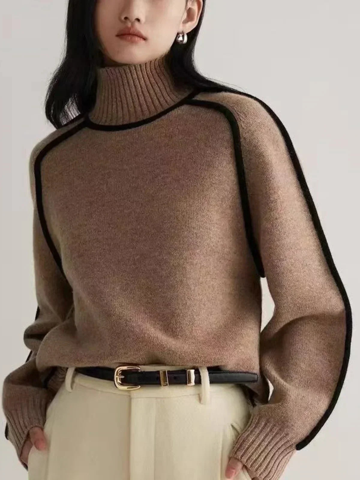 Turtleneck Contrast Piping Knit Sweater