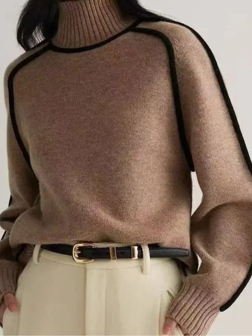 Turtleneck Long Sleeve Contrast Piping Sweater