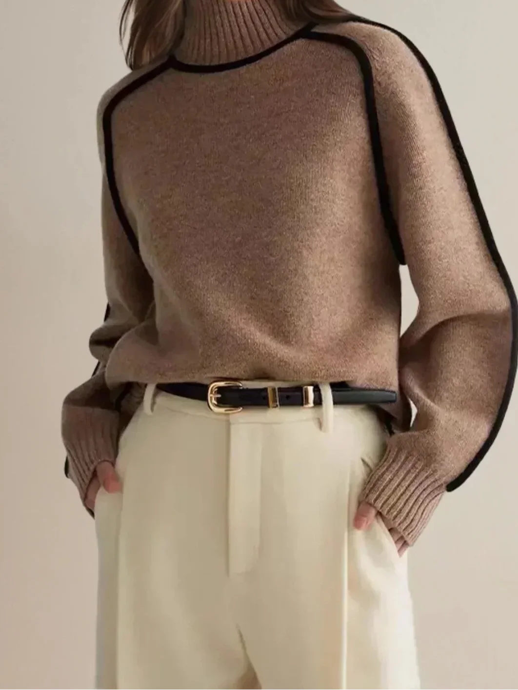 Turtleneck Long Sleeve Contrast Piping Sweater