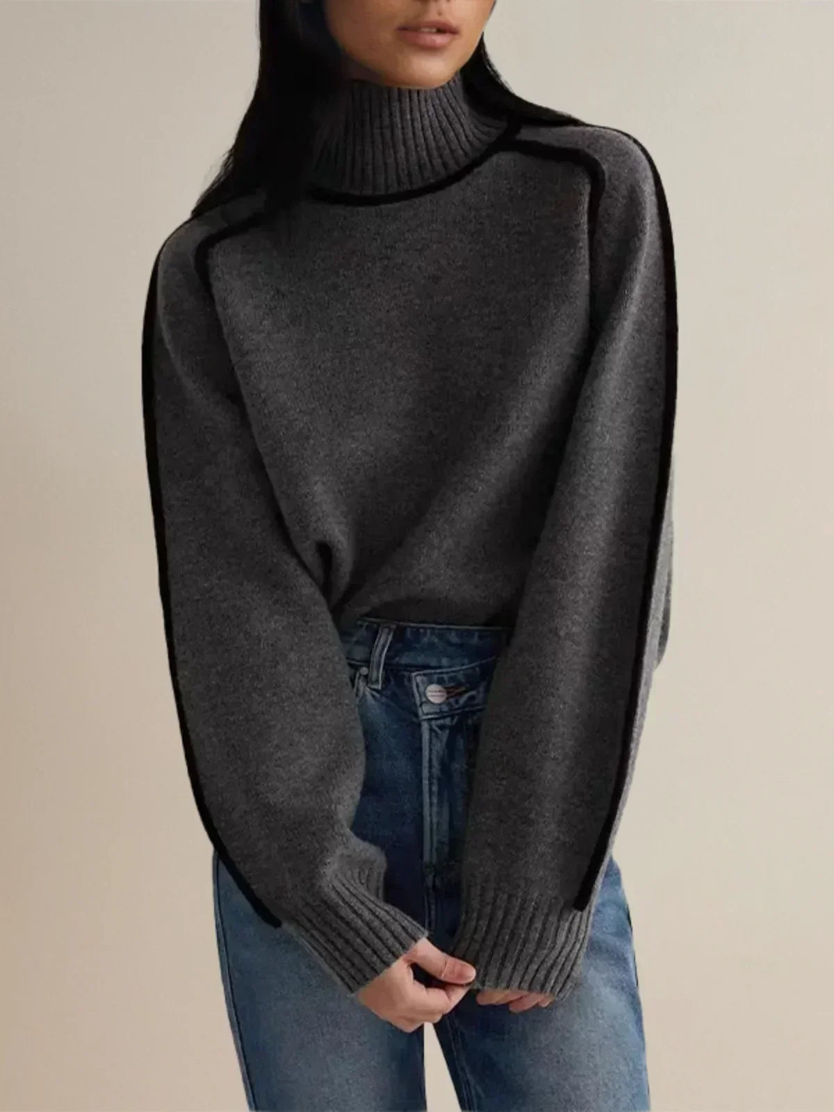 Turtleneck Contrast Piping Knit Sweater