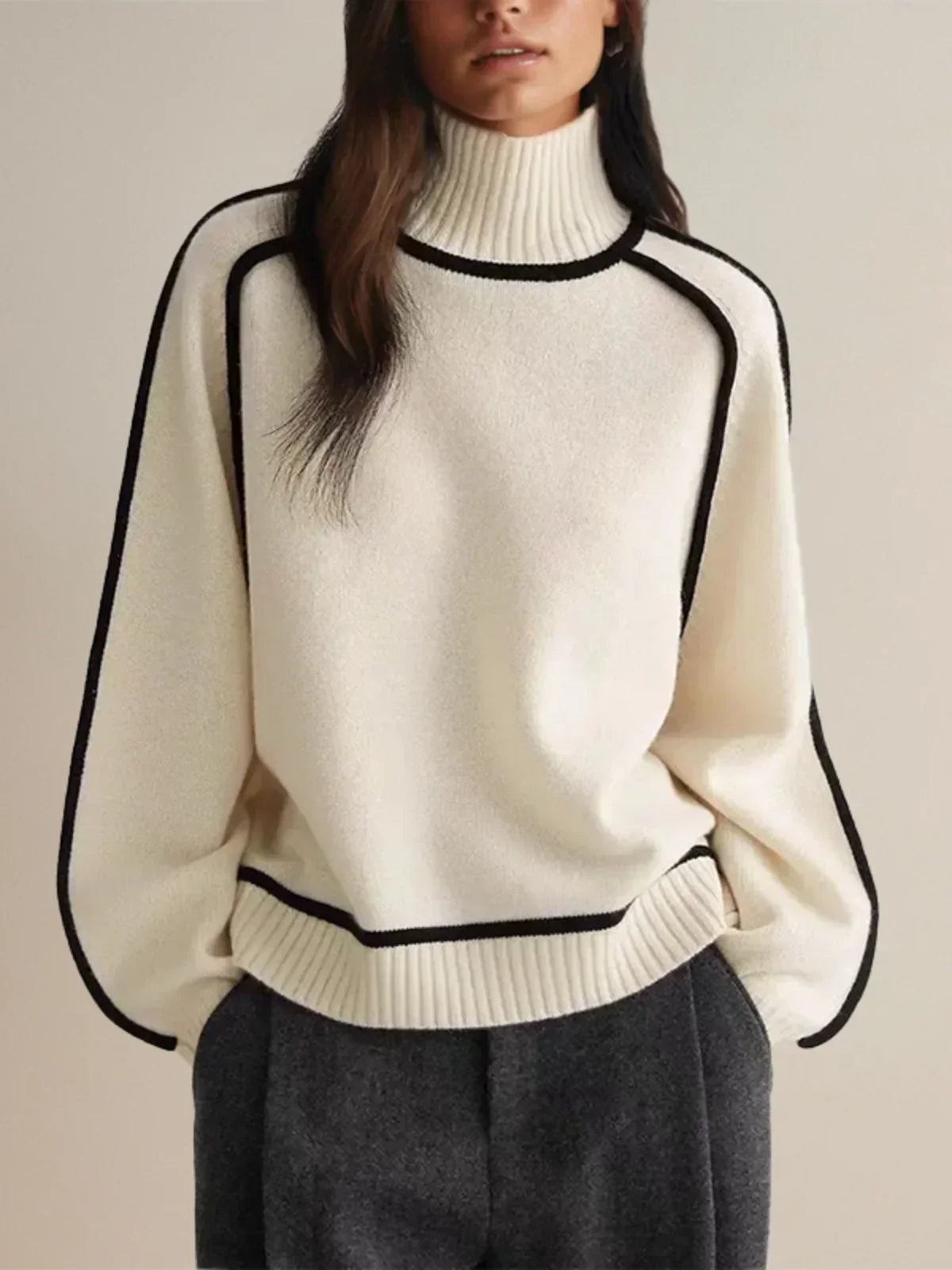 Turtleneck Contrast Piping Knit Sweater
