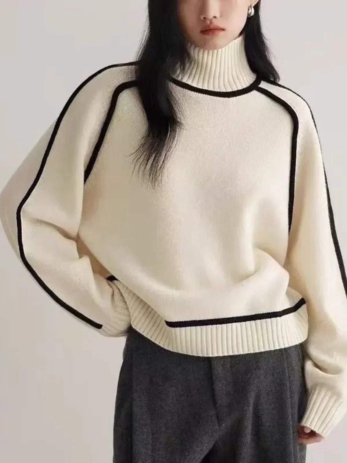 Turtleneck Contrast Piping Long Sleeve Knit Sweater