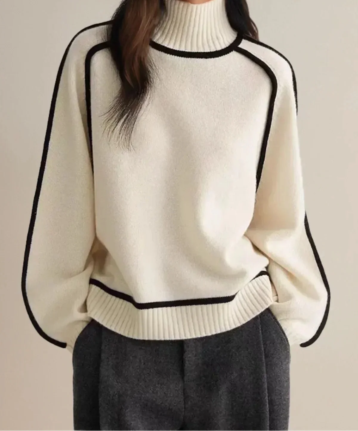 Turtleneck Long Sleeve Contrast Piping Sweater