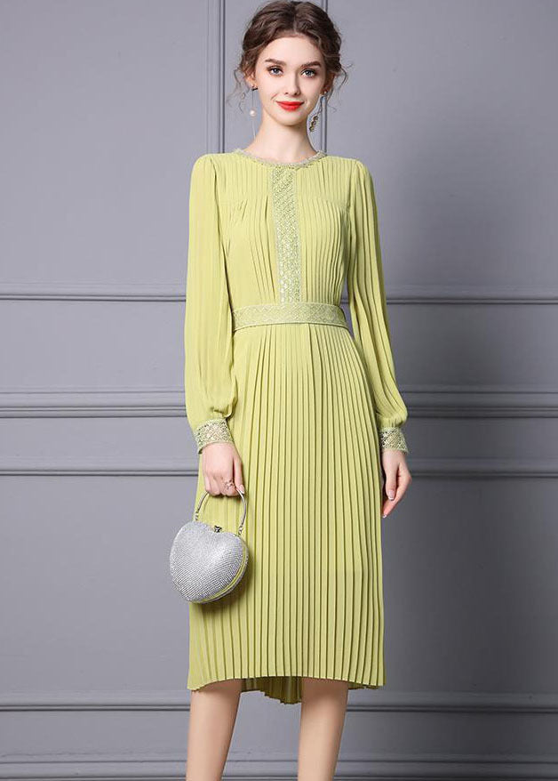 Light Green Chiffon Pleated Cinch Dress O-Neck Long Sleeve 2