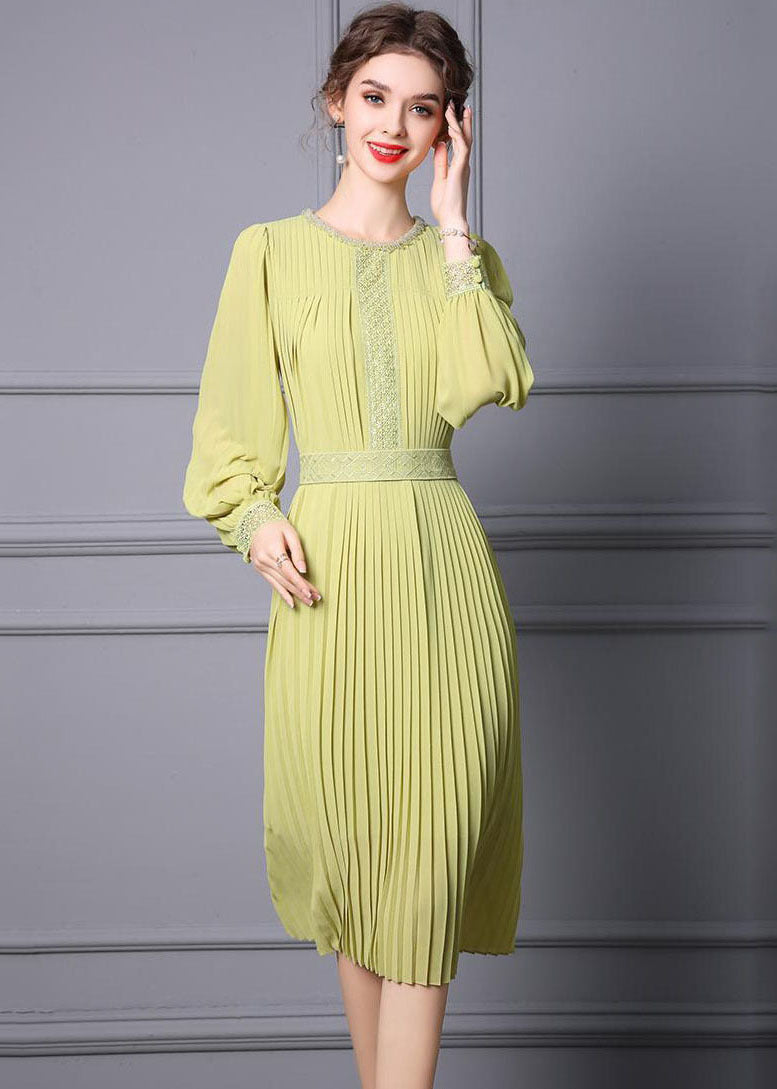 Light Green Chiffon Pleated Cinch Dress O-Neck Long Sleeve 3