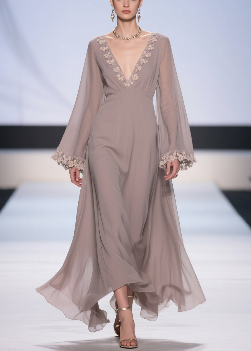Chiffon Floral Applique Deep V-Neck Bell Sleeve Empire Waist Maxi Gown - View 3
