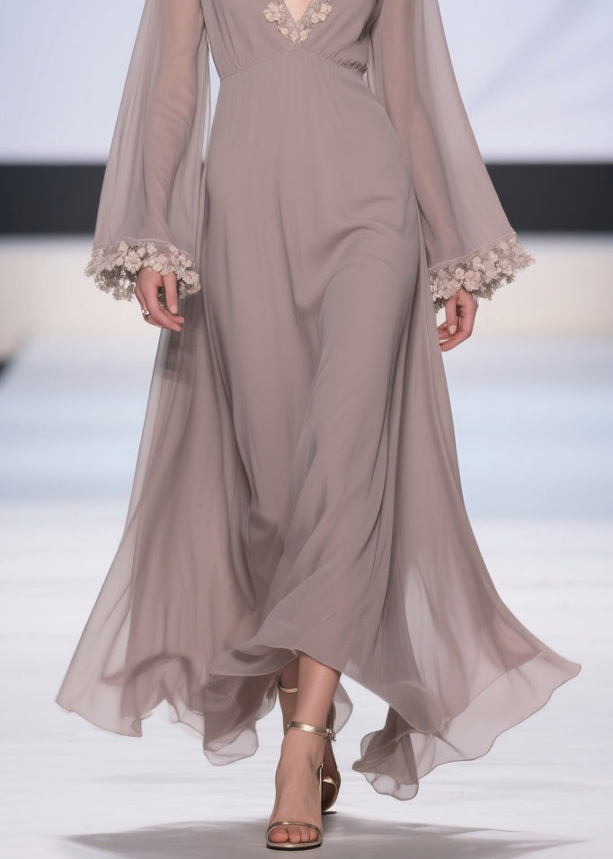 Chiffon Floral Applique Deep V-Neck Bell Sleeve Empire Waist Maxi Gown