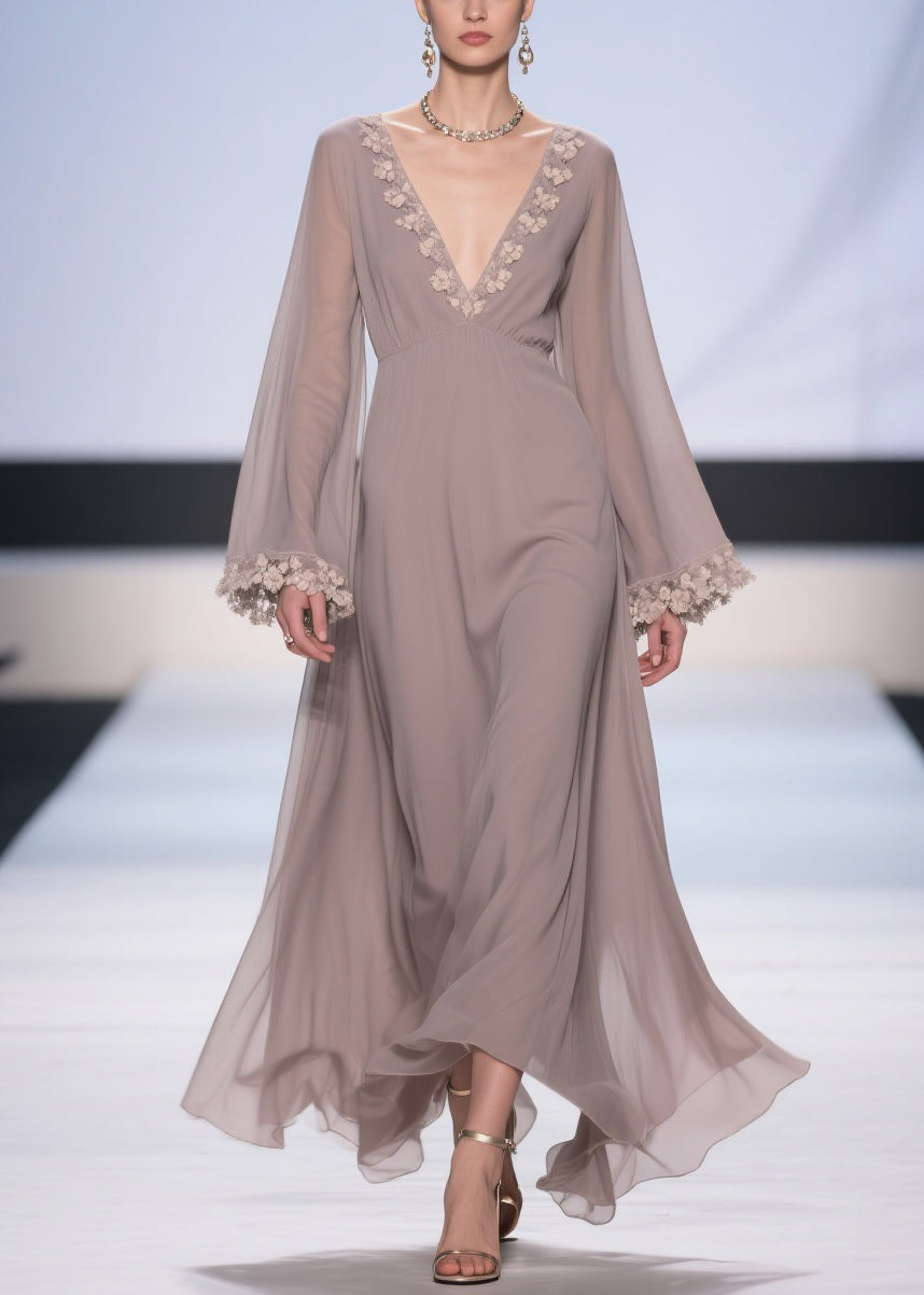 Chiffon Floral Applique Deep V-Neck Bell Sleeve Empire Waist Maxi Gown - View 5