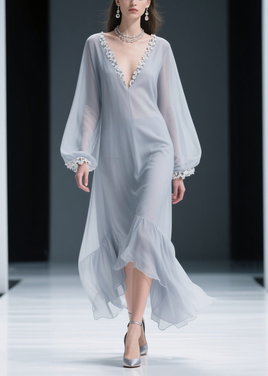 Light Grey Lace Solid Chiffon Maxi Dresses V Neck Spring 3