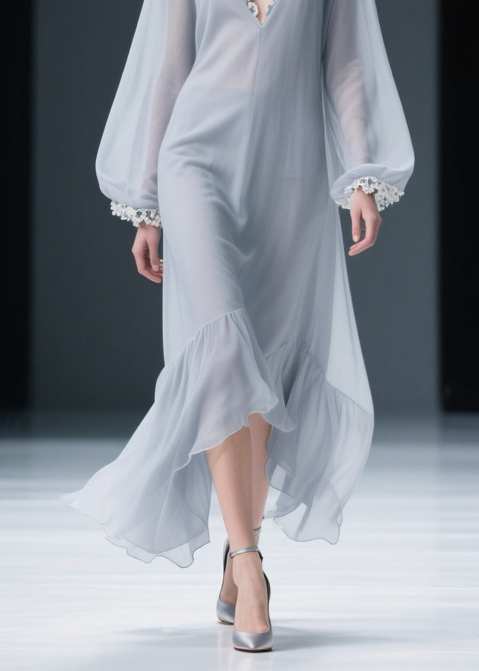 Light Grey Lace Solid Chiffon Maxi Dresses V Neck Spring 4